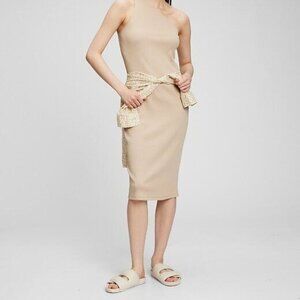Gap One Shoulder Sleeveless Rib  Midi Dress Woman's Beige Size Large NWT